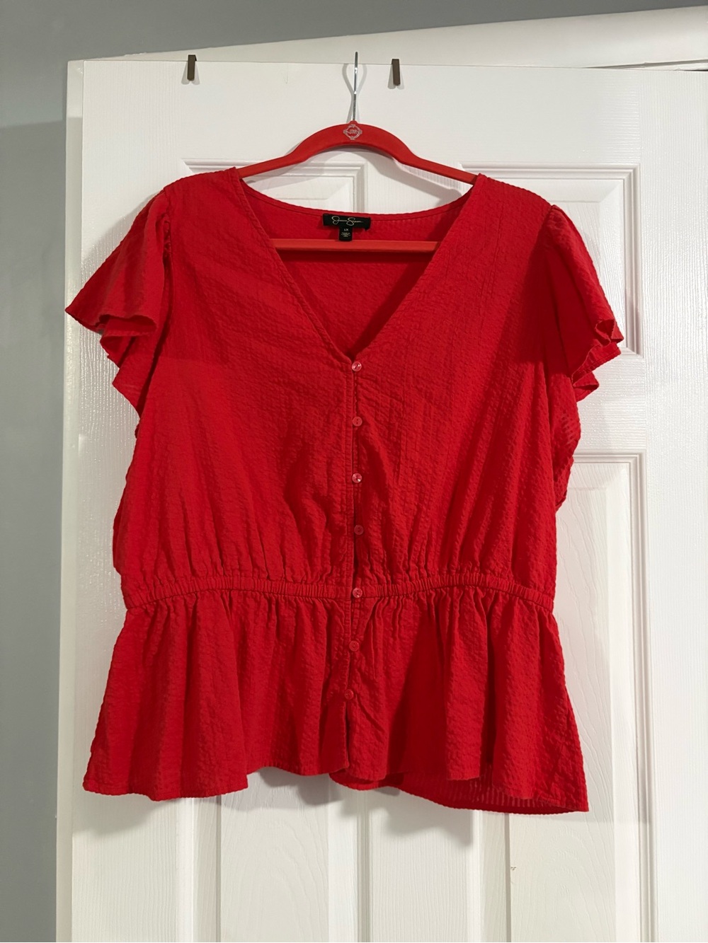 Jessica Simpson Red Button-Front Peplum Blouse